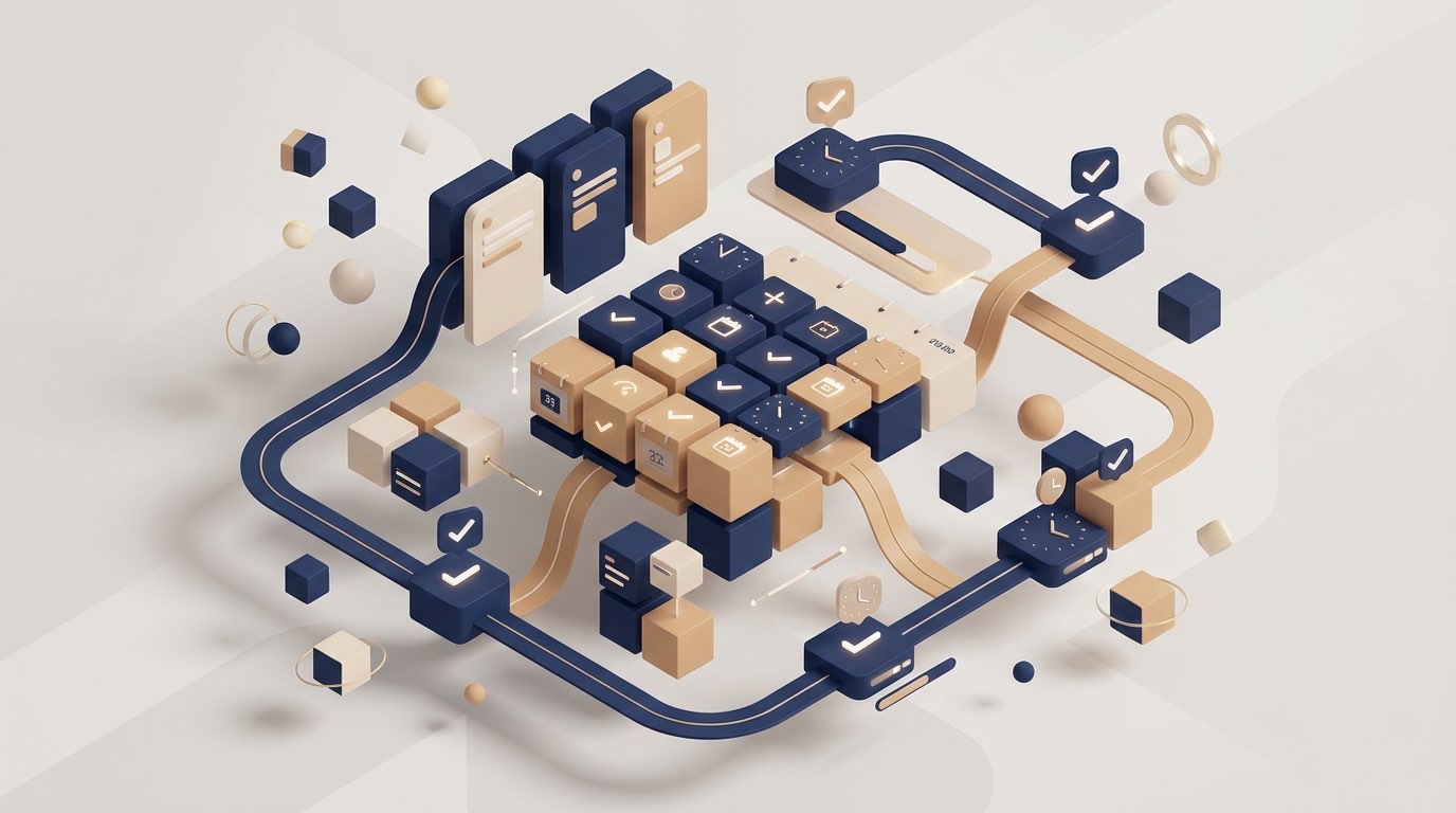 Abstract illustration of an automated deadline tracking system with calendar elements and timeline flows